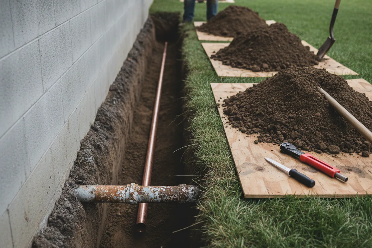 Excavated water line trench during Water Heater Repair in Laurens